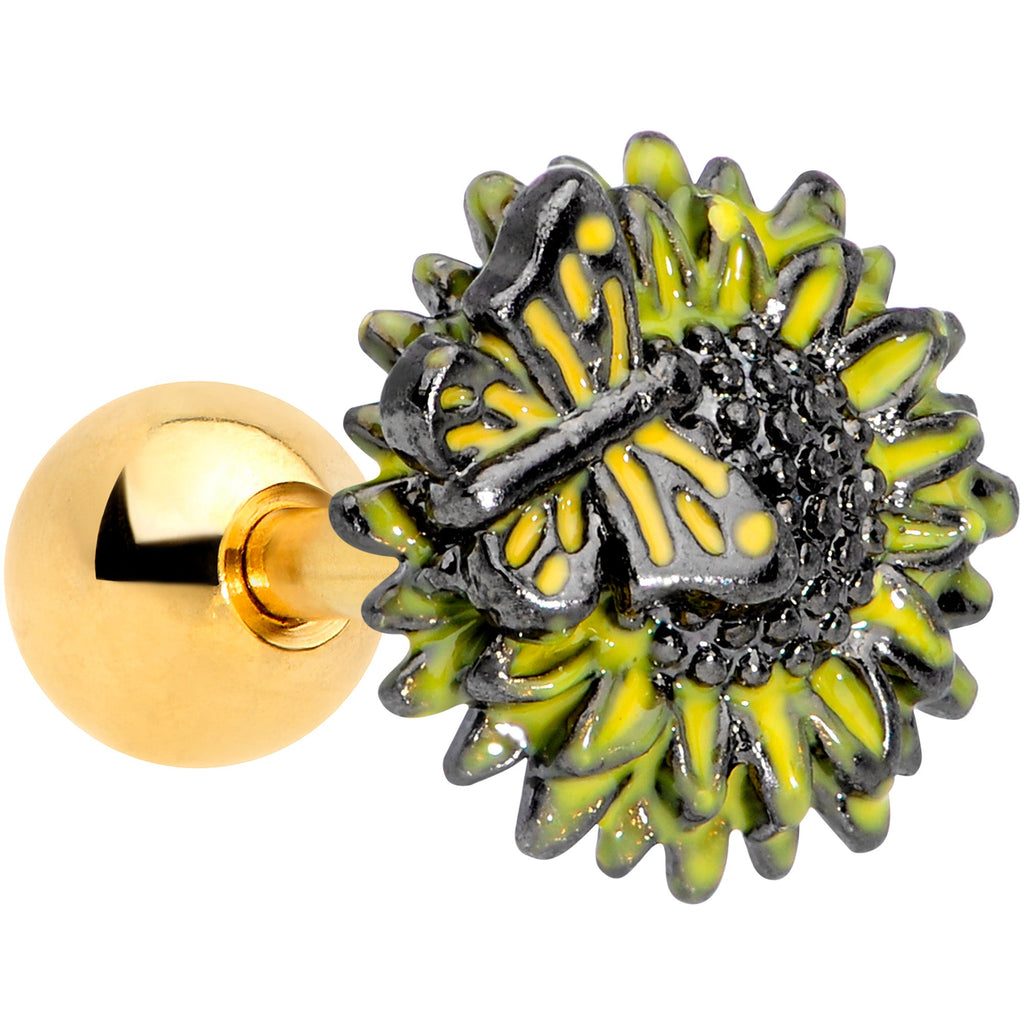 16G 1/4 Gold Tone Sunflower Butterfly Cartilage Earring