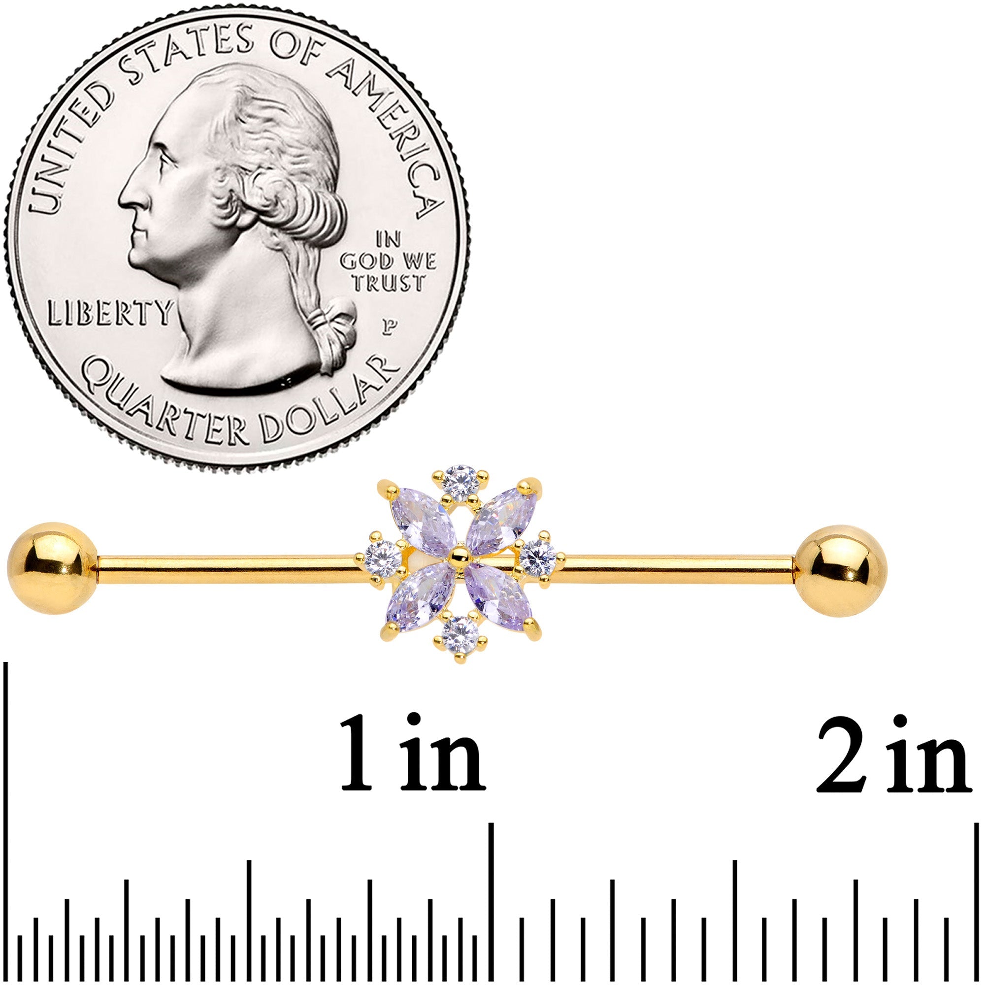 14G Purple CZ Gem Gold Tone Star Burst Industrial Barbell 38mm