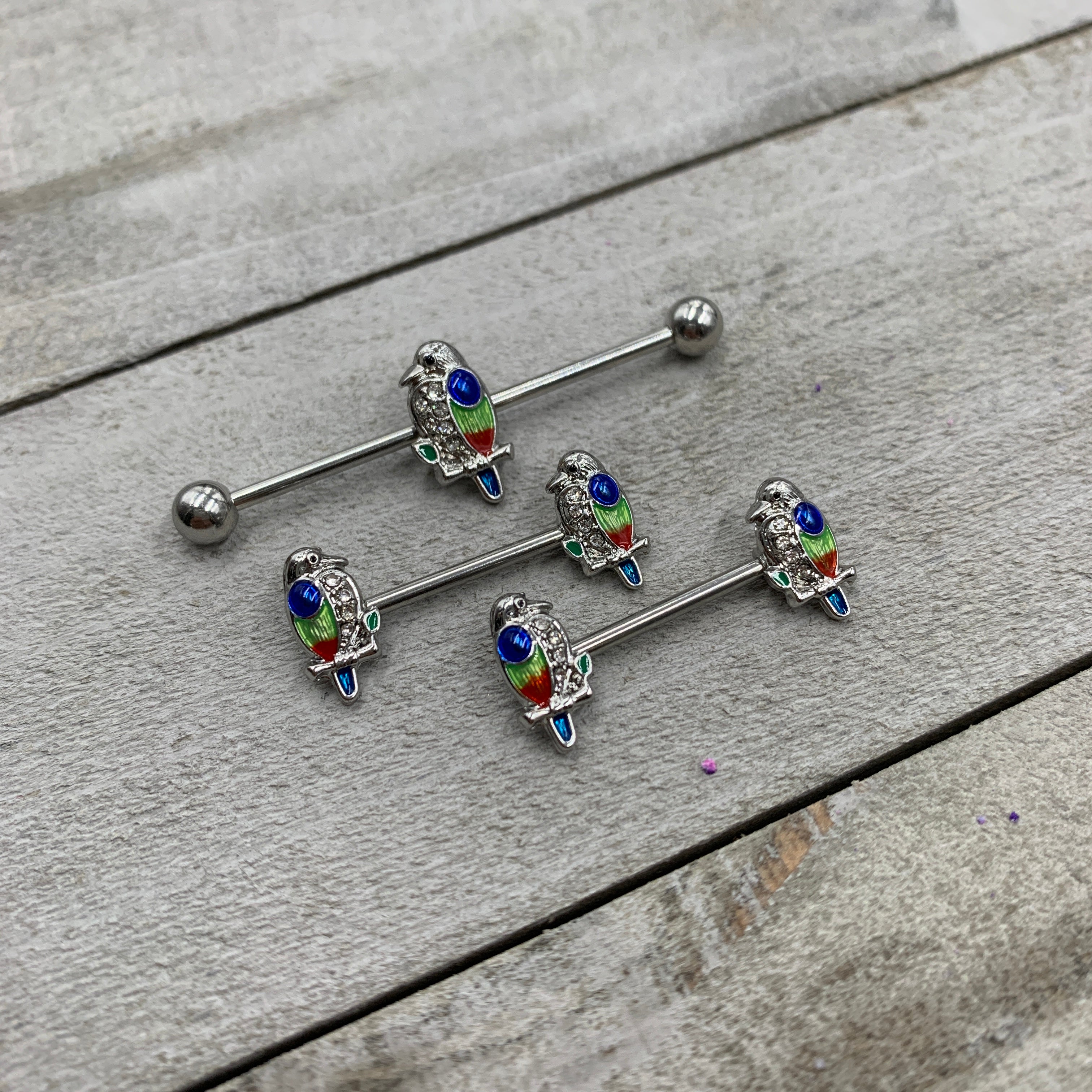 14G 9/16 Clear Gem Tropical Parrot Bird Barbell Nipple Ring Set