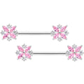 14G 5/8 Pink CZ Gem Star Burst Barbell Nipple Ring Set