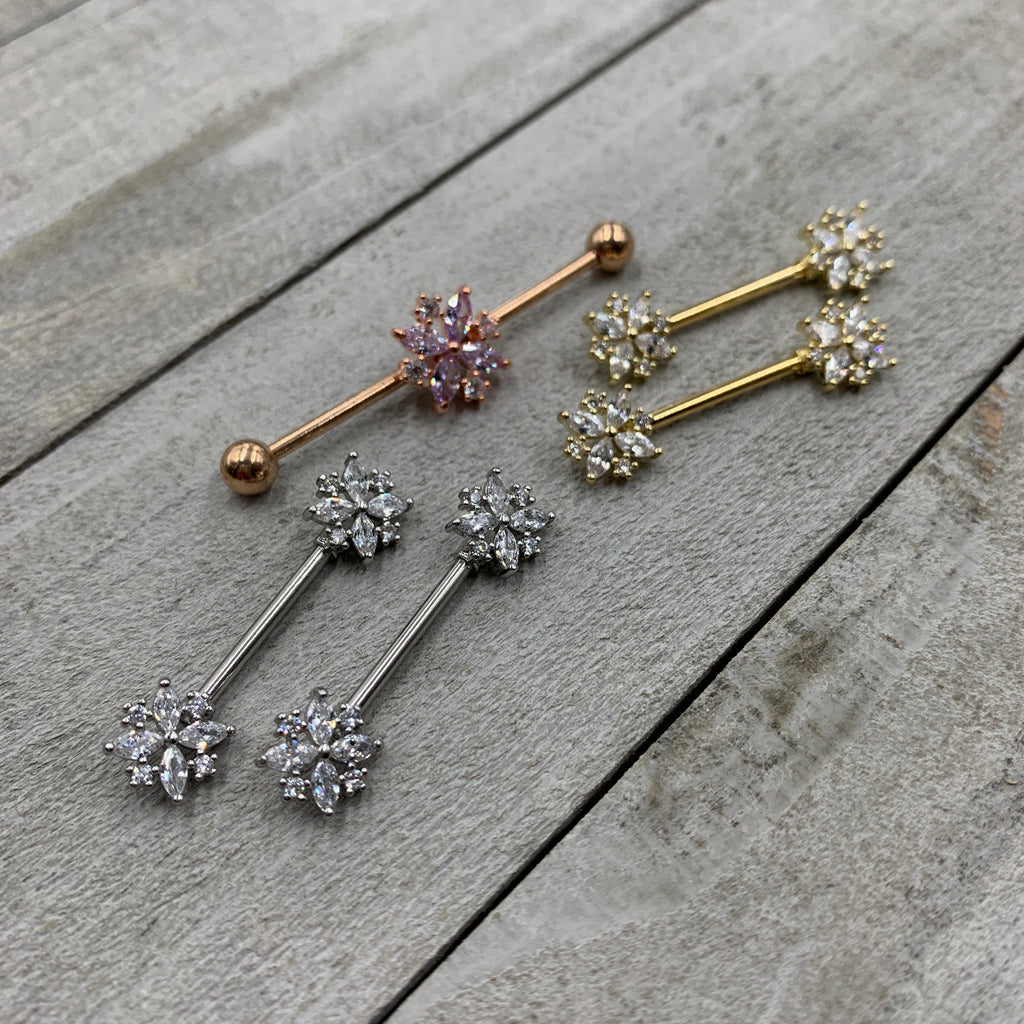 14G 5/8 Clear CZ Gem Gold Tone Star Burst Nipple Ring Set