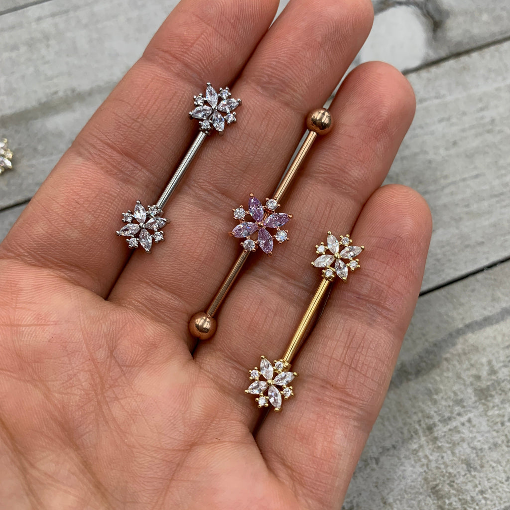 14G 5/8 Purple CZ Gem Gold Tone Star Burst Nipple Ring Set