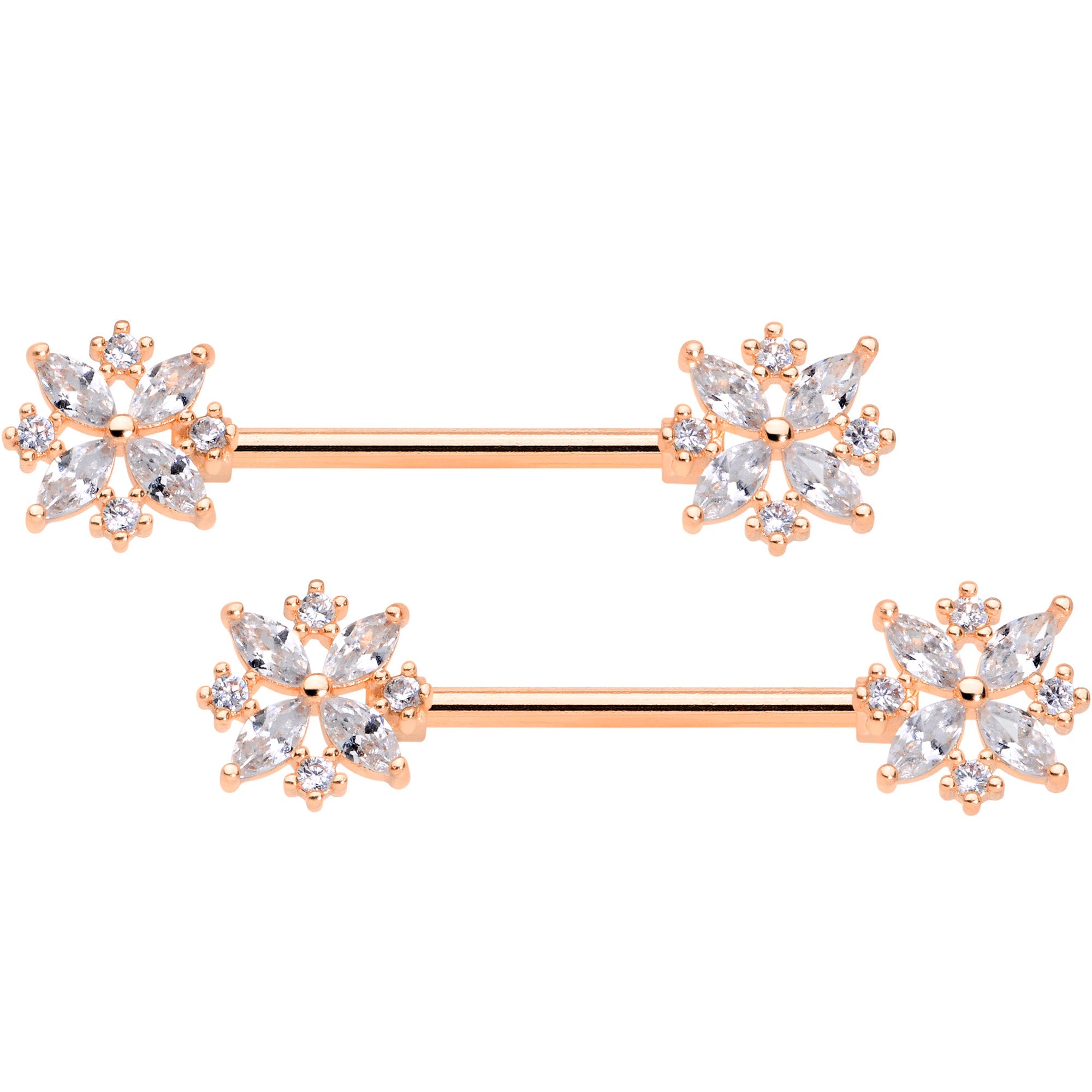14G 5/8 Clear CZ Gem Rose Gold Tone Star Burst Nipple Ring Set