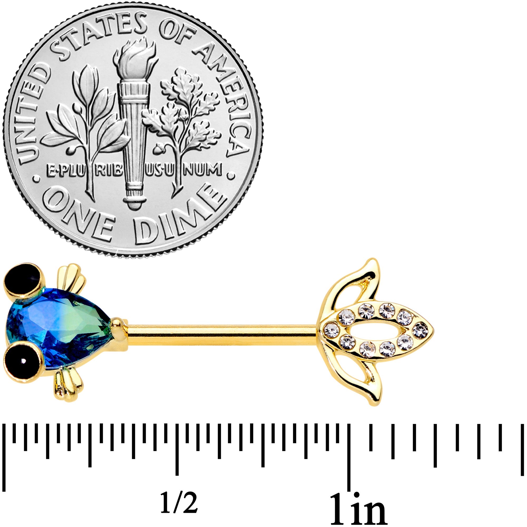 14G 9/16 Aqua Gem Gold Tone Fish Barbell Nipple Ring Set
