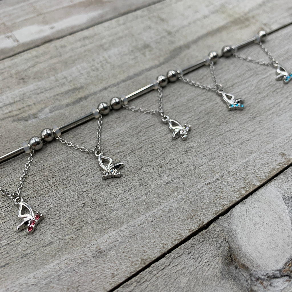 14G 5/8 Clear Gem Butterfly Dangle Nipple Ring Set