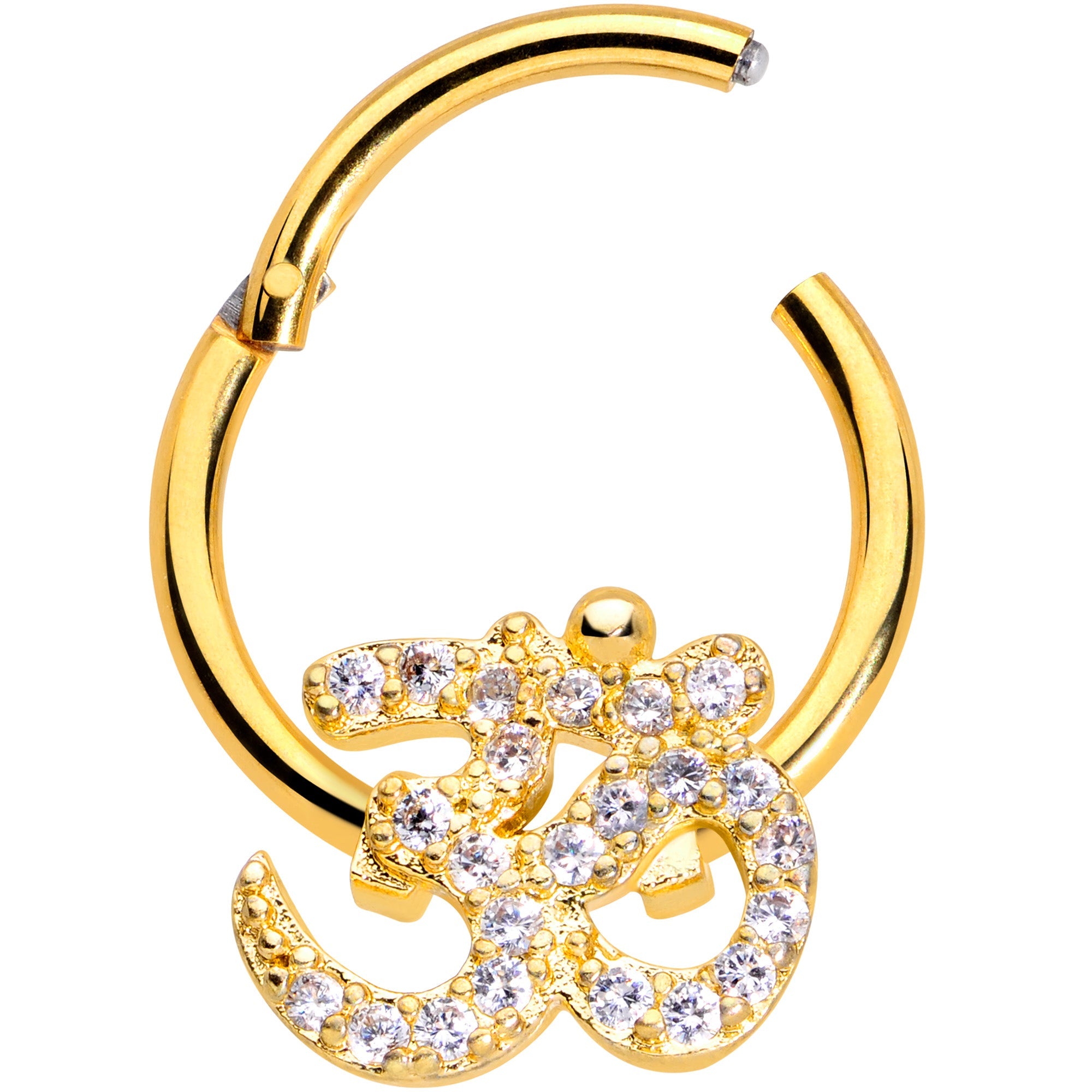 16G 3/8 Clear CZ Gem Gold Tone Amazing Om Hinged Segment Ring