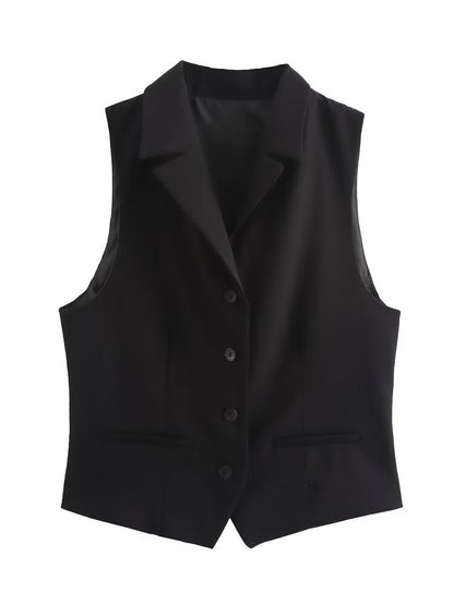 Womens Solid-Color Elegant Lapel Sleeveless Single-Breasted Vest