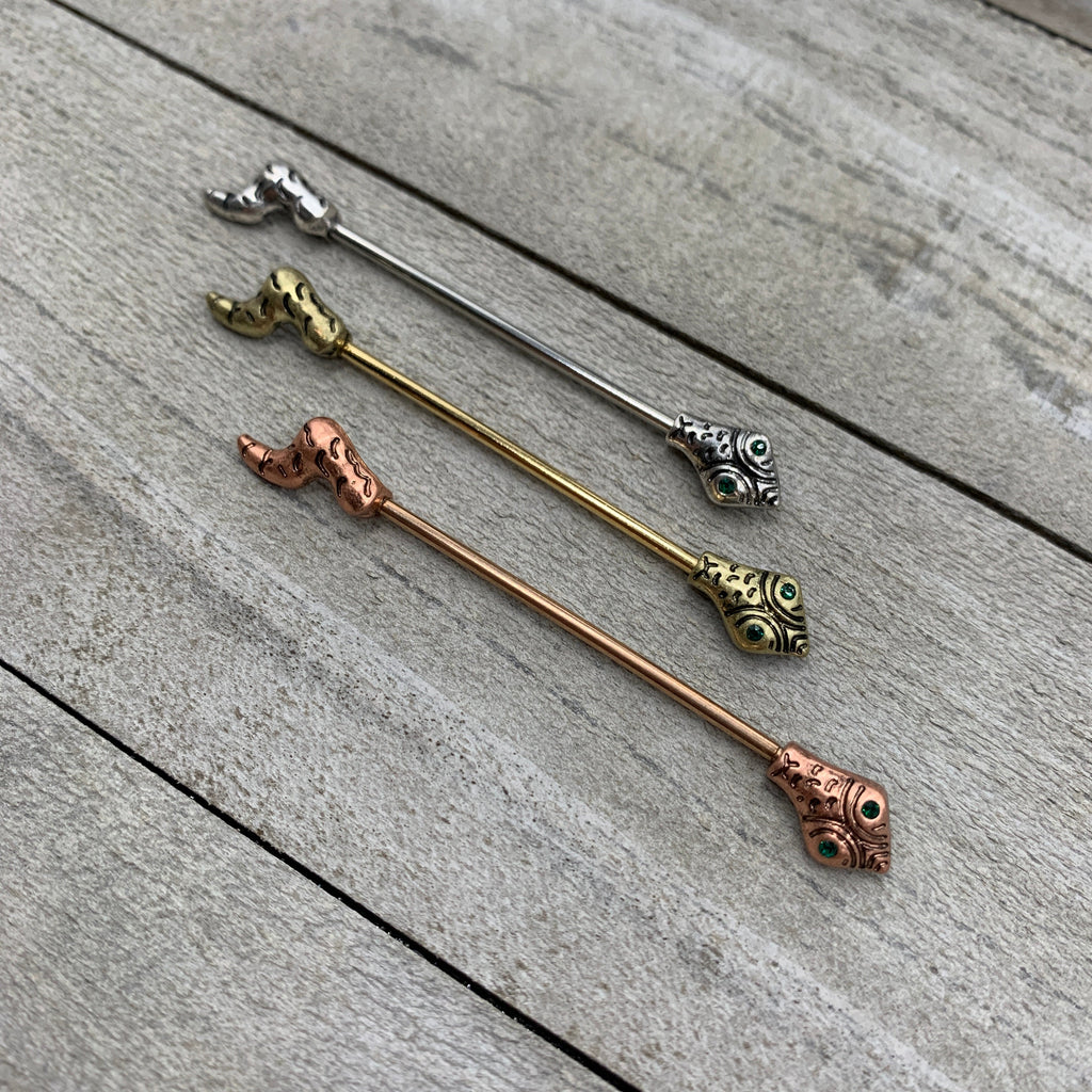 14G Green Gem Gold Tone Tribal Snake Industrial Barbell 38mm