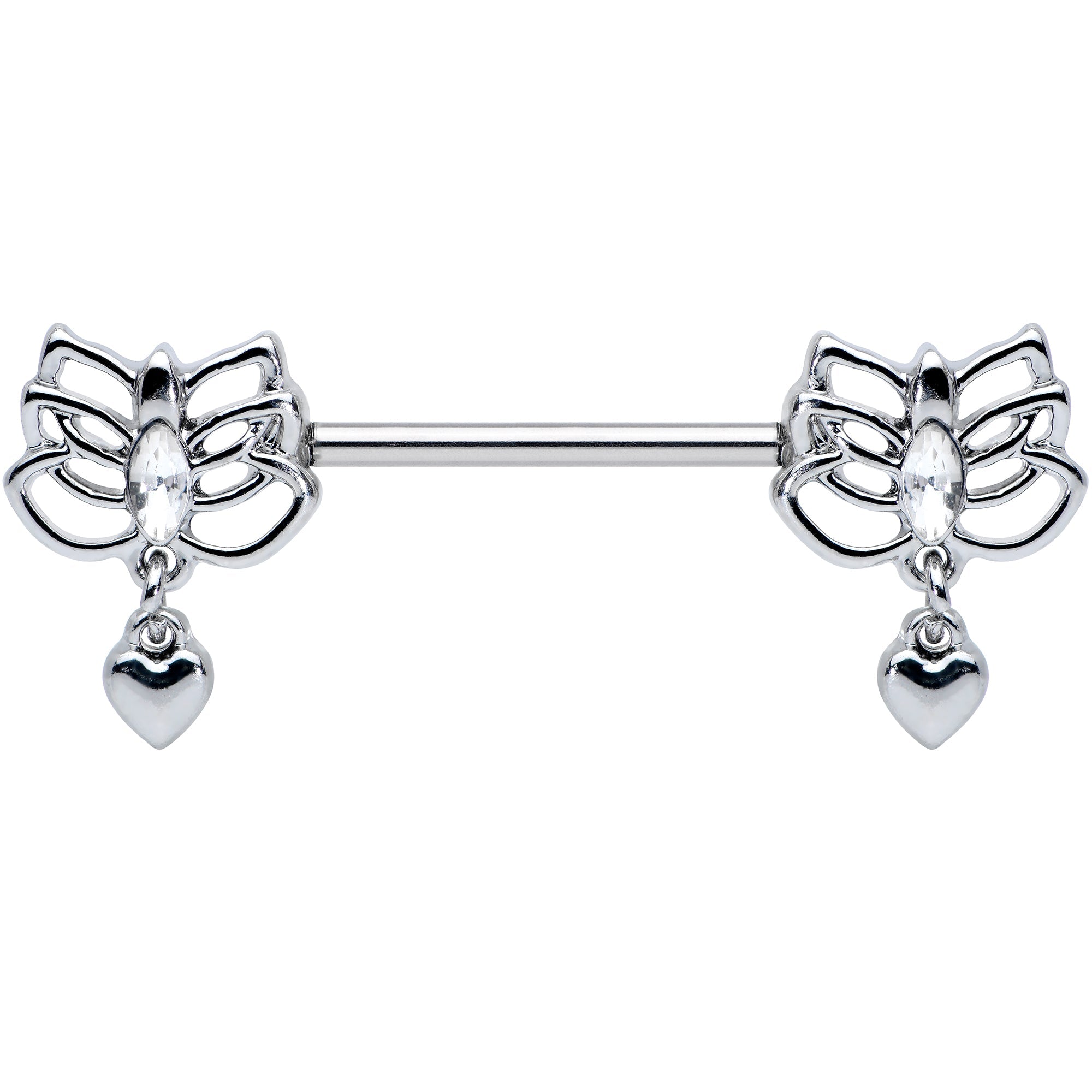 14G 5/8 Clear Gem Lotus Heart Dangle Barbell Nipple Ring Set