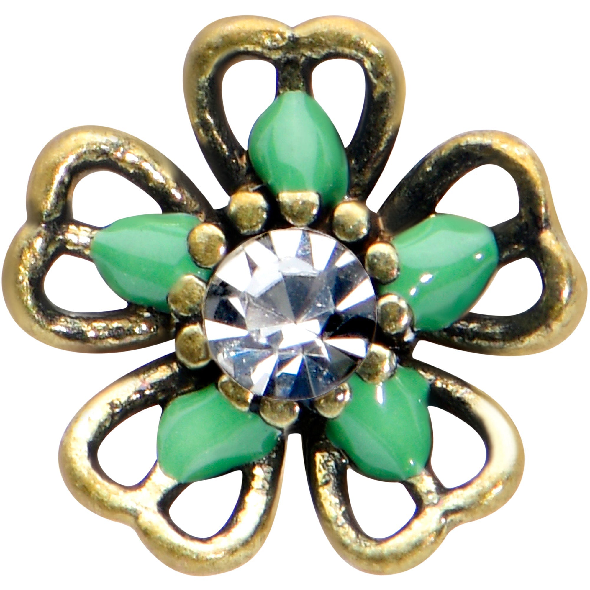 16G 5/16 Clear Gem Gold Tone Green Flower Labret Monroe Tragus