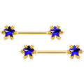 14G 9/16 Blue Gem Gold Tone Stars Barbell Nipple Ring Set