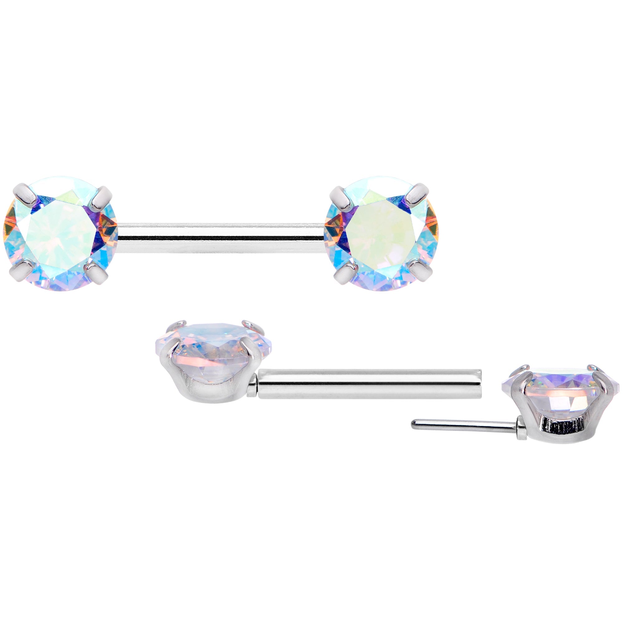 14G 1/2 Aurora CZ Gem Threadless Barbell Nipple Ring Set