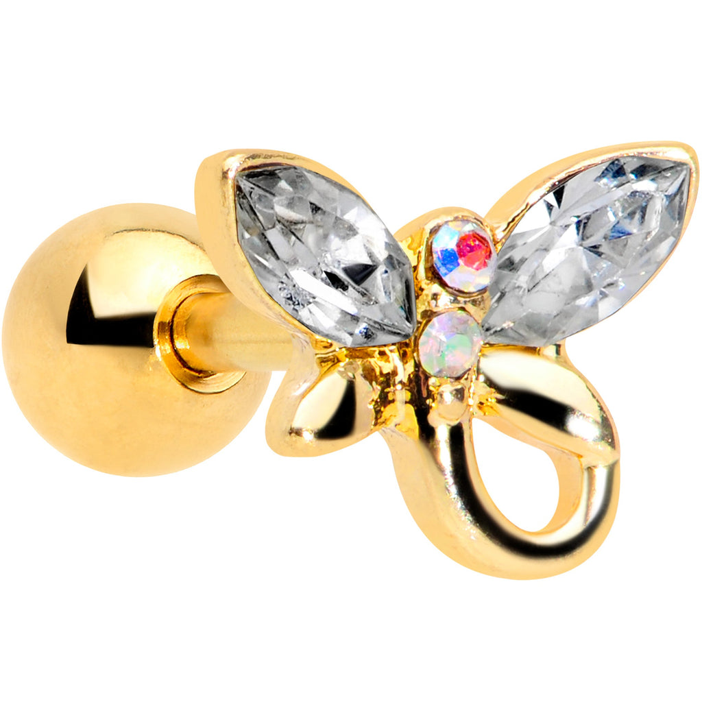 16G 1/4 Clear Gem Gold Tone Loop Butterfly Cartilage Tragus