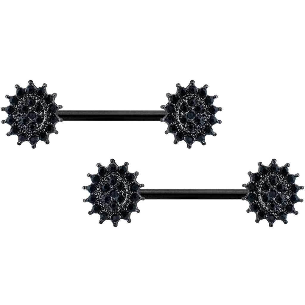 14G 5/8 Black Gem Black Oval Sunburst Barbell Nipple Ring Set