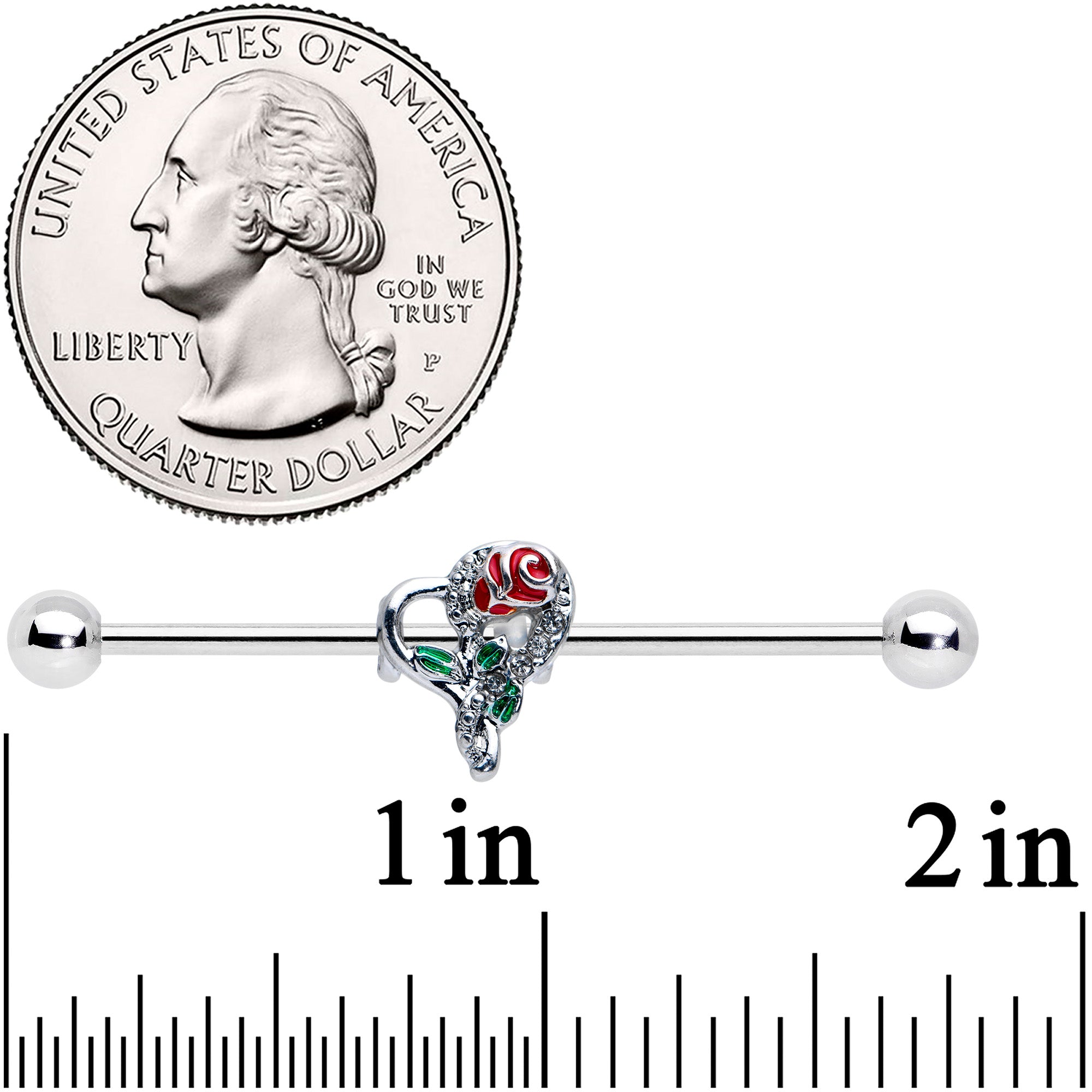 14G Clear Gem Rose Heart Valentines Day Industrial Barbell 38mm