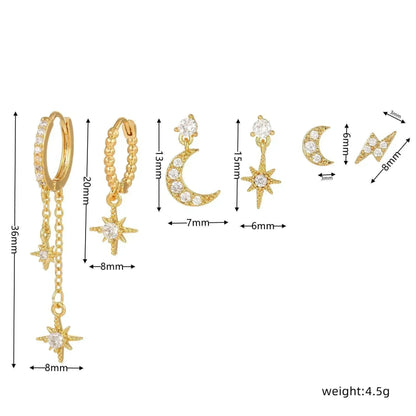 Stacking 5 Pieces Sun & Moon Romance Earring Set, 18k Gold Hoop Stud Drop, S925 Needle, Stacked Lobe Designs with Dazzling Zirconia