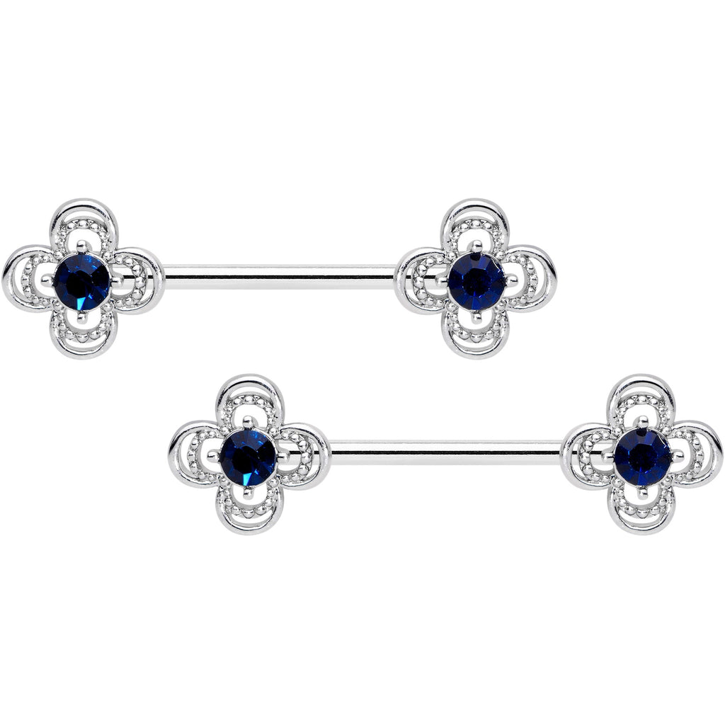 14G 9/16 Blue Gem Stylized Deco Cross Barbell Nipple Ring Set