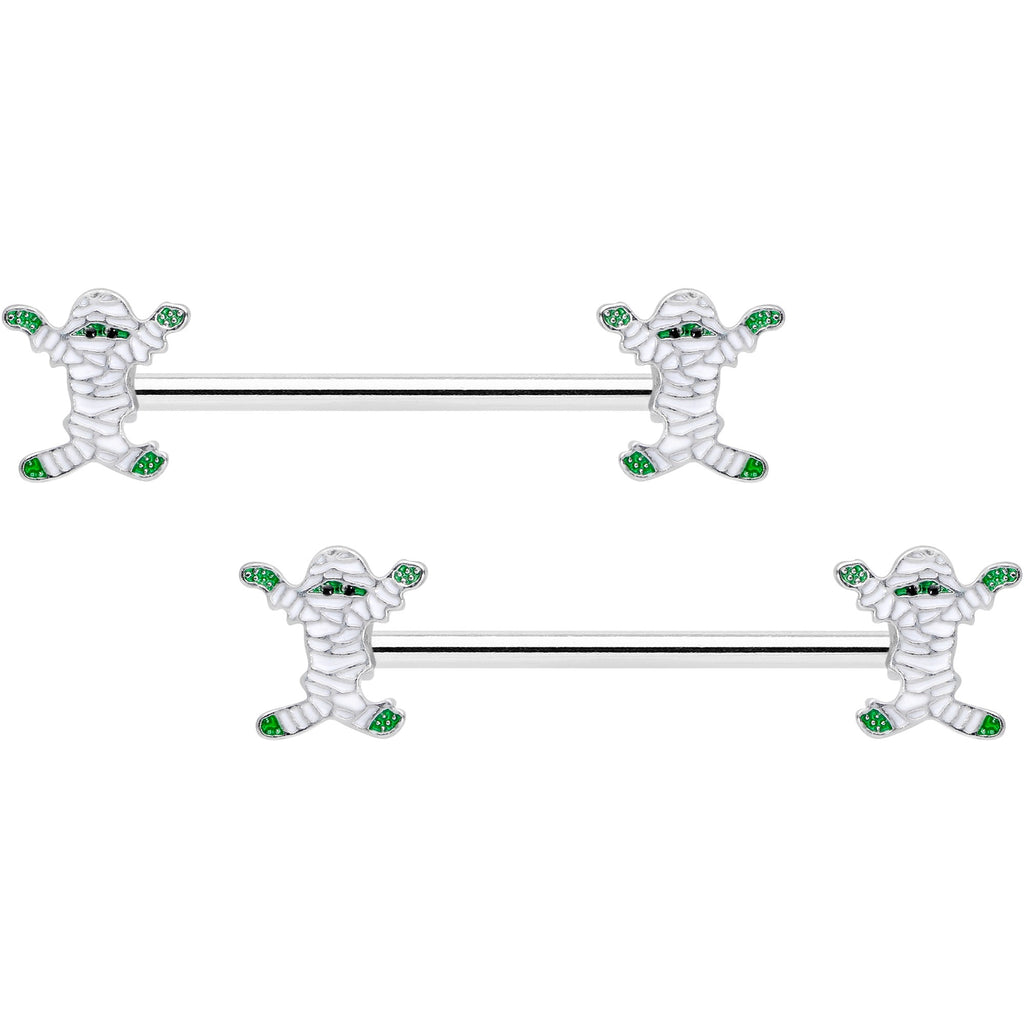 14G 5/8 Green Mummy Halloween Barbell Nipple Ring Set