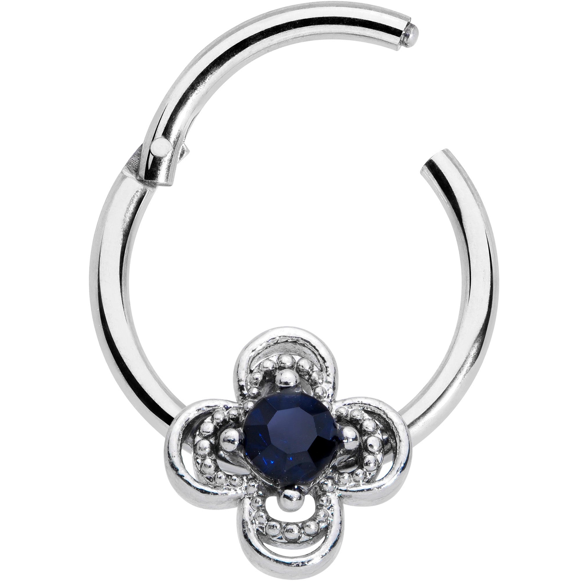 16G 3/8 Blue Gem Stylized Deco Cross Hinged Segment Ring