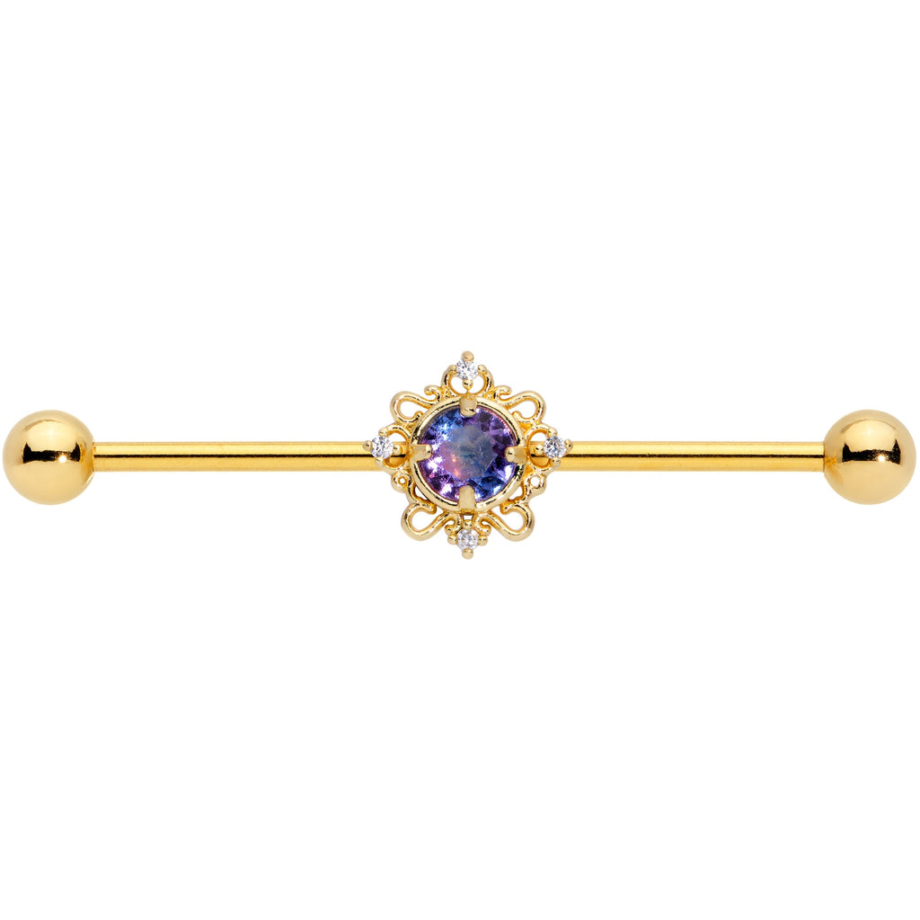 14G Purple Tourmaline Gold Tone Filigree Industrial Barbell 38mm