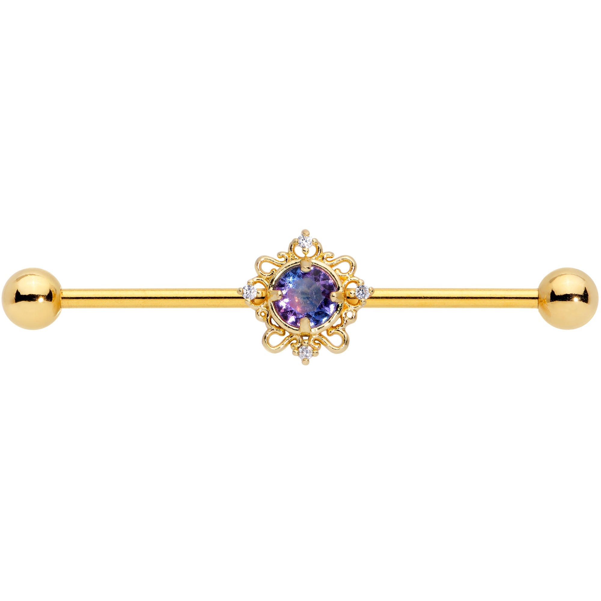 14G Purple Tourmaline Gold Tone Filigree Industrial Barbell 38mm