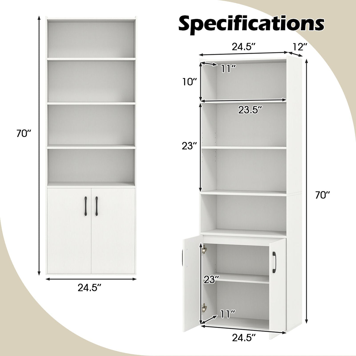 70 Inch Bookcase 6-Tier with Adjustable Shelves and 2-Door Cabinet