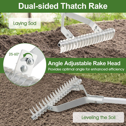 20 Inches Wide Aluminum Lawn Loosening Soil Rake with Long Handle and 19 Curved Tines