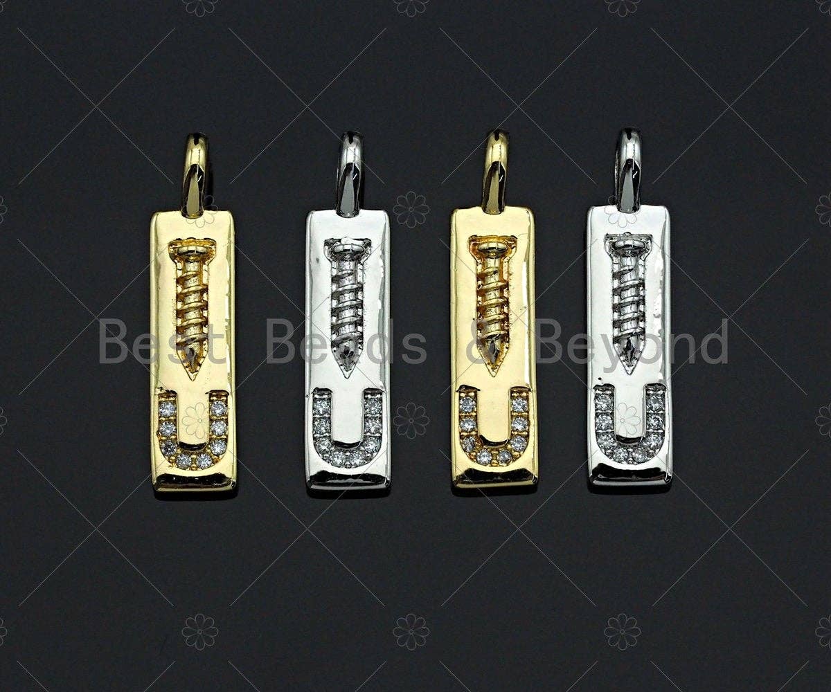 CZ Micro Pave Screw you Rectangle Pendant/Charm, Rectangle  Cubic Zirconia Pendant, Silver/Gold Tone,6x24mm,Sku#L319