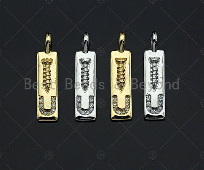 CZ Micro Pave Screw you Rectangle Pendant/Charm, Rectangle  Cubic Zirconia Pendant, Silver/Gold Tone,6x24mm,Sku#L319