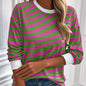 Navy Striped Crew-neck Long-sleeve Loose-fitting Top