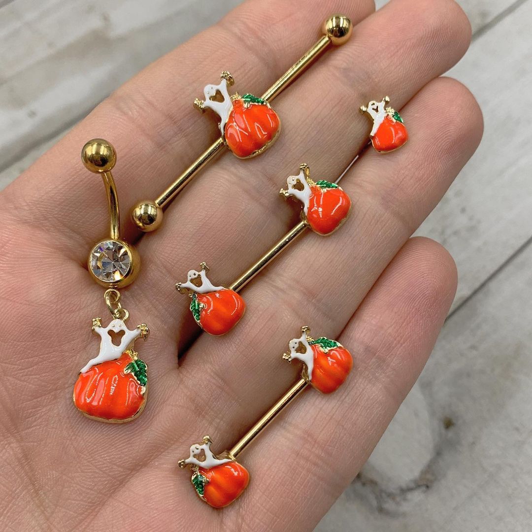 14G Gold Tone Haunted Pumpkin Industrial Barbell 38mm