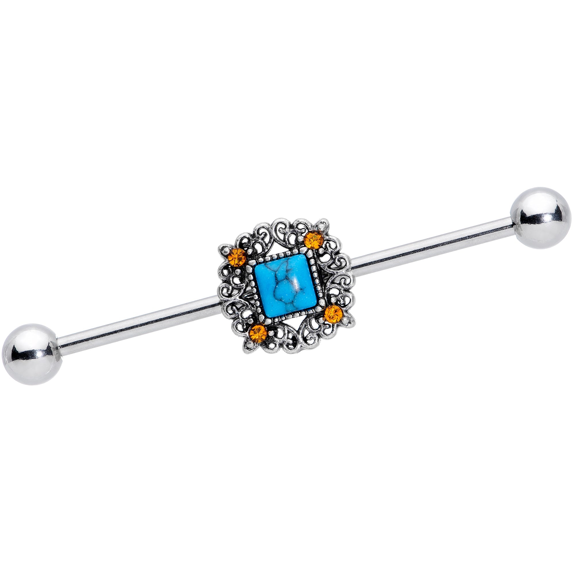 14G Yellow Gem Blue Faux Turquoise Square Industrial Barbell 38mm