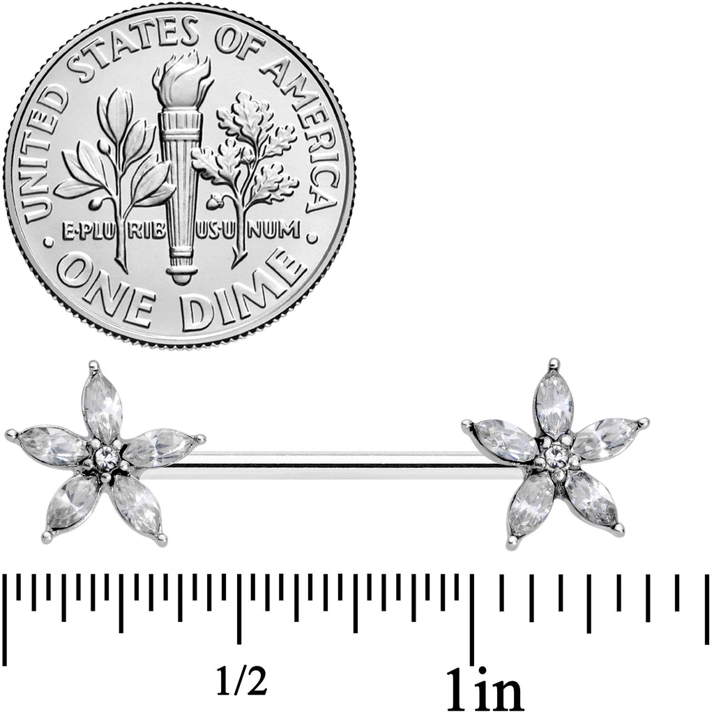 14G 9/16 Clear Gem Starry Flower Barbell Nipple Ring Set