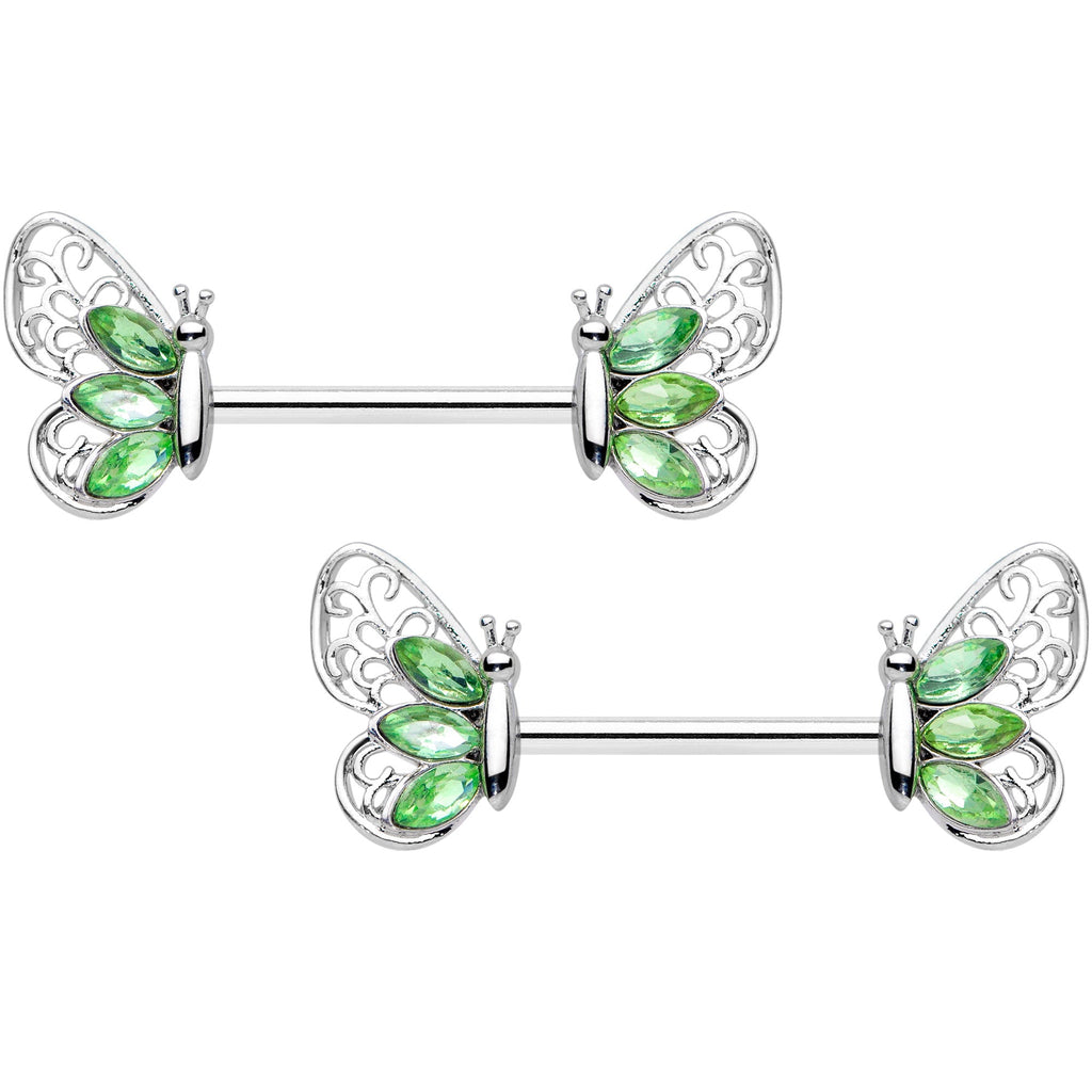 14G 9/16 Green Gem Lacy Butterfly Barbell Nipple Ring Set