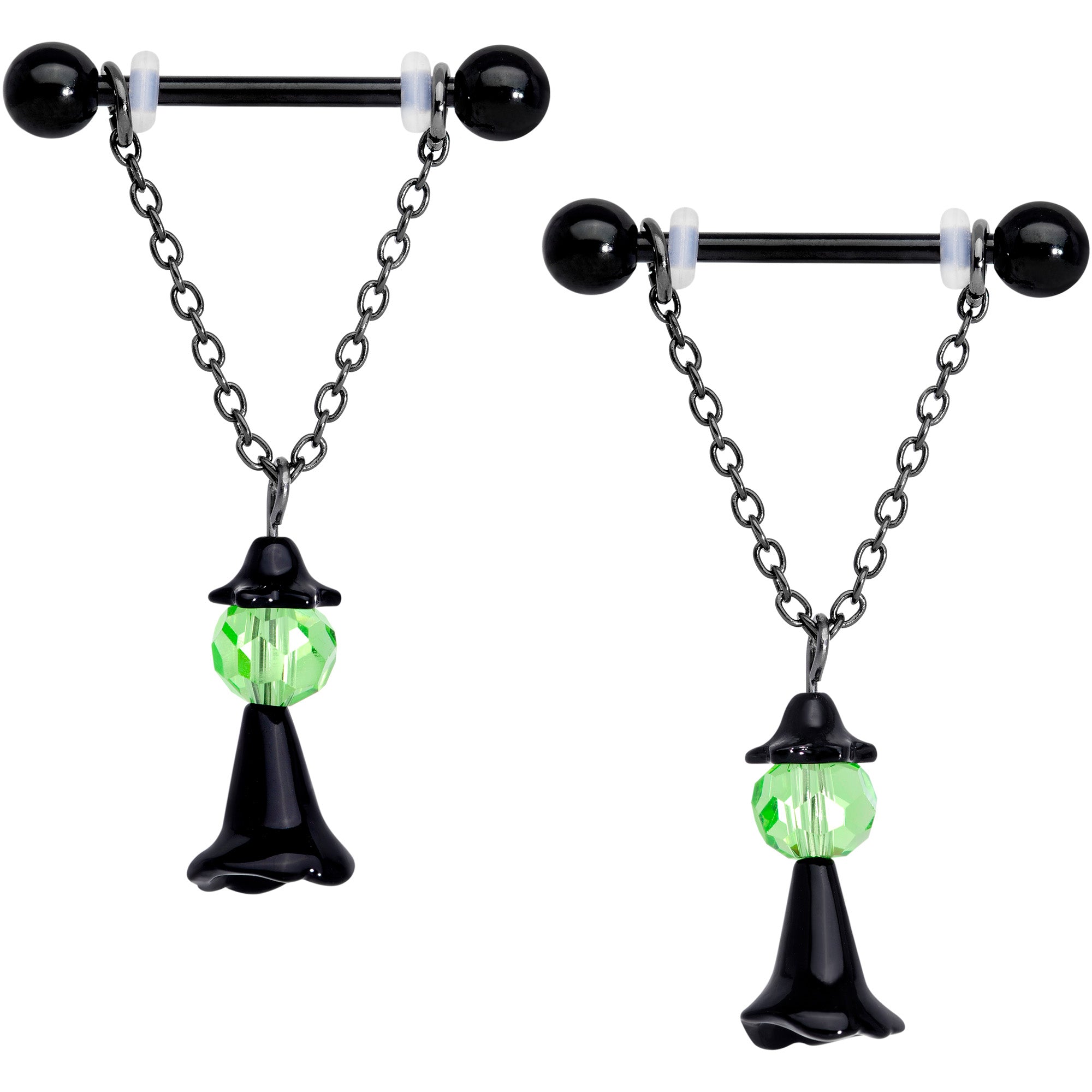 14G 11/16 Green Gem Black Witch Halloween Dangle Nipple Ring Set