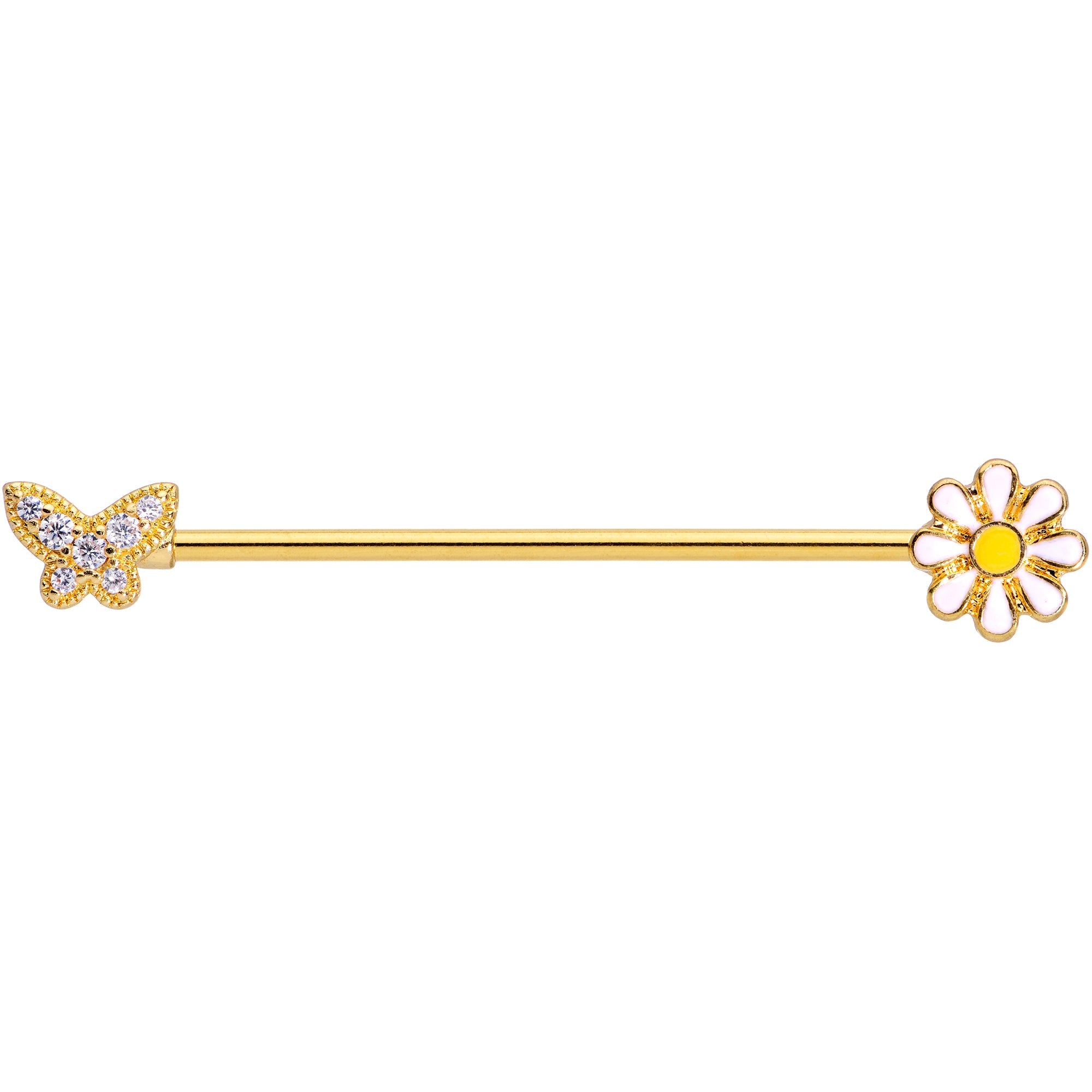 14G Clear Gem Gold Tone Butterfly Daisy `Industrial Barbell 38mm