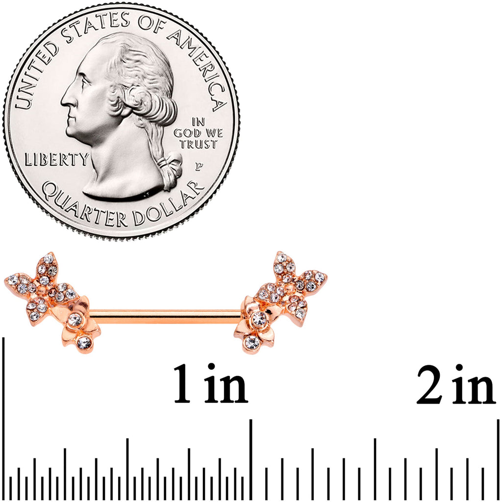14G 9/16 Clear Gem Rose Gold Tone Butterfly Duo Nipple Ring Set