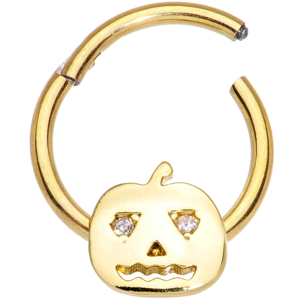 16G 3/8 Clear CZ Gold Tone Pumpkin Halloween Hinged Segment Ring