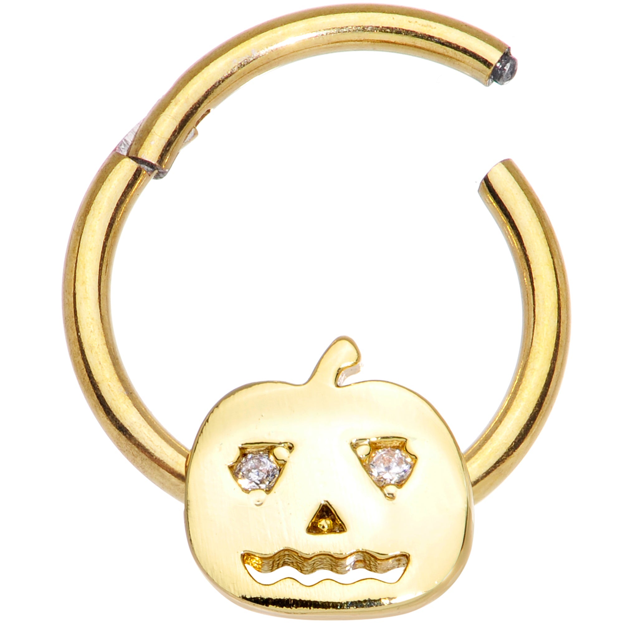 16G 3/8 Clear CZ Gold Tone Pumpkin Halloween Hinged Segment Ring