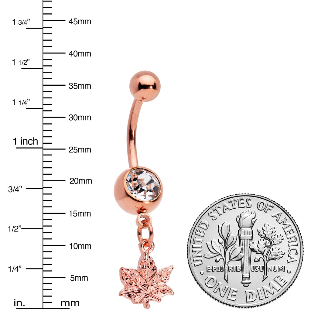 Clear Gem Rose Gold Tone Pot Leaf Dangle Belly Ring