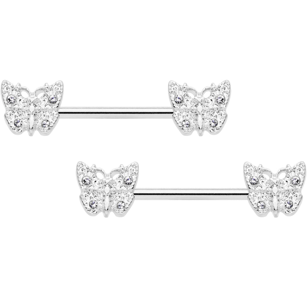 14G 9/16 Clear Gem Baroque Butterfly Barbell Nipple Ring Set