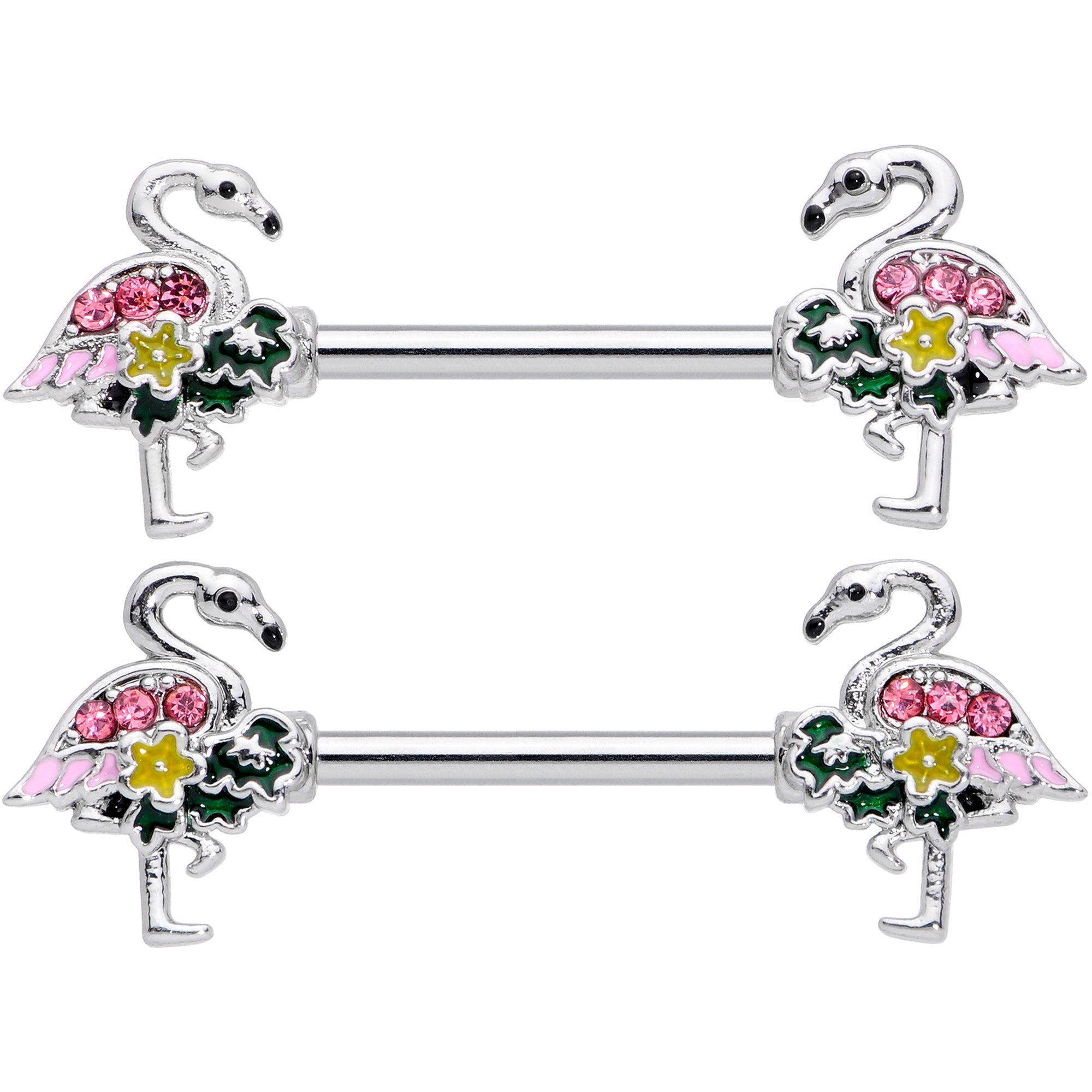 14G 9/16 Pink Gem Funky Flamingo Barbell Nipple Ring Set