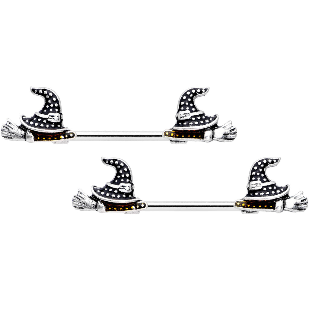 14G 9/16 Yellow Gem Witch Hat Broom Halloween Nipple Ring Set