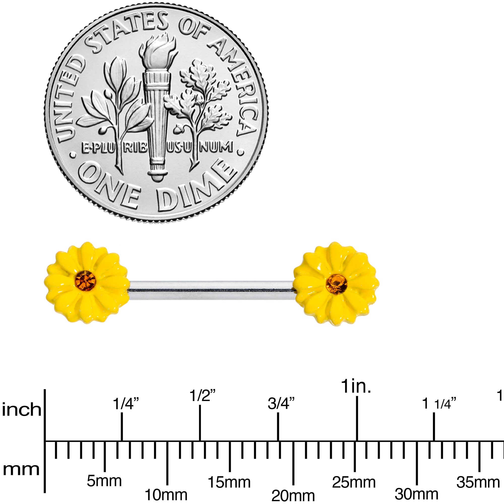 14G 9/16 Yellow Gem Yellow Sunflower Barbell Nipple Ring Set