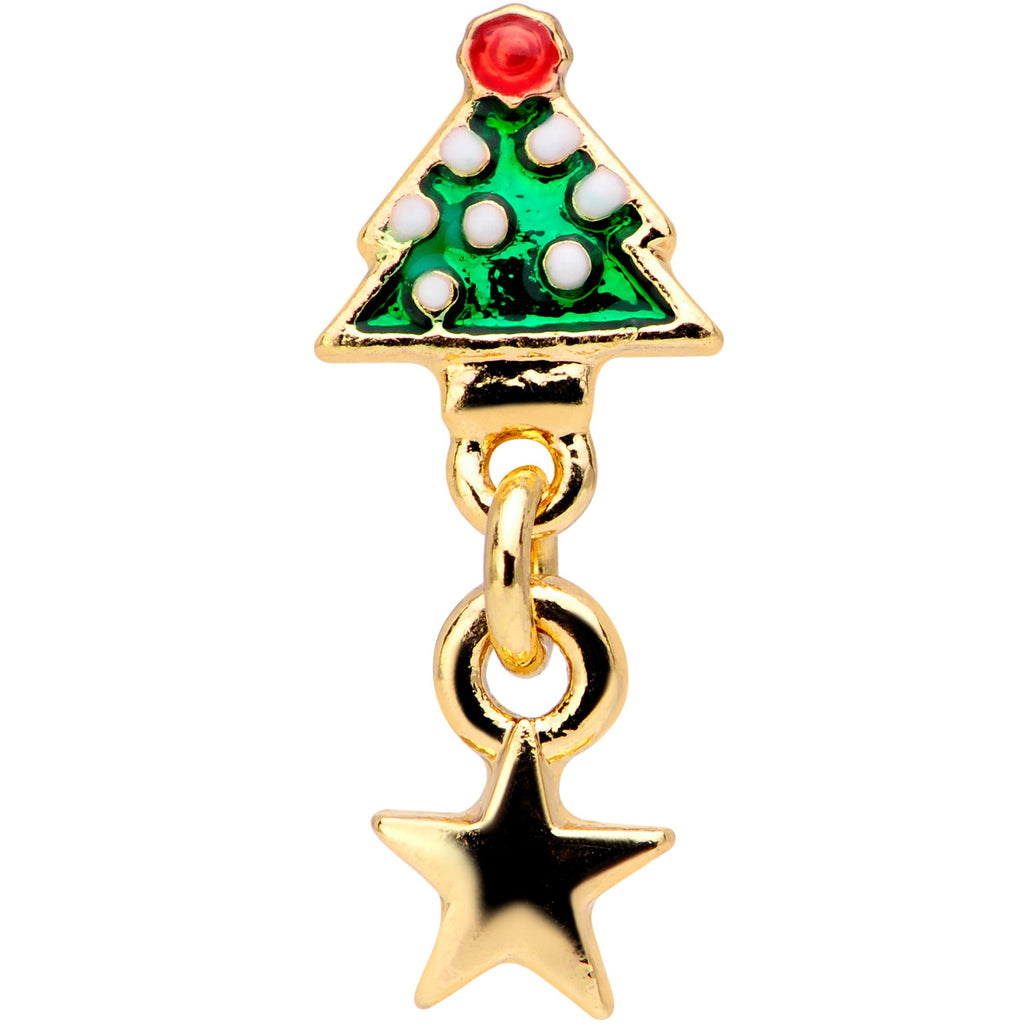 16G 1/4 Red Gem Gold Tone Tree Christmas Dangle Cartilage Tragus