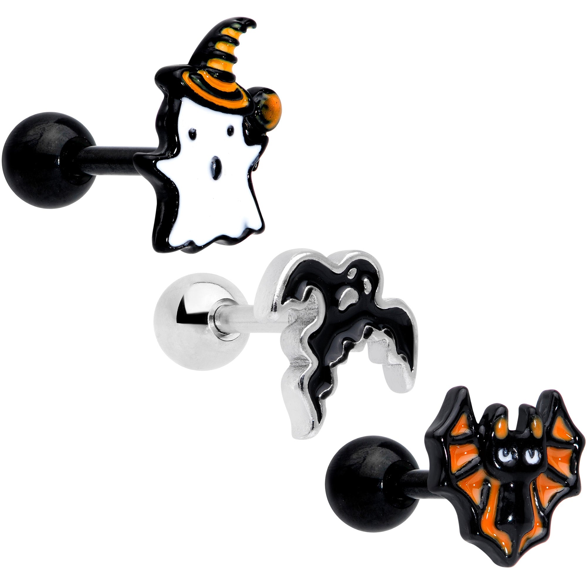 16G 1/4 Black Ghosts Hat Bat Halloween Cartilage Tragus Set of 3