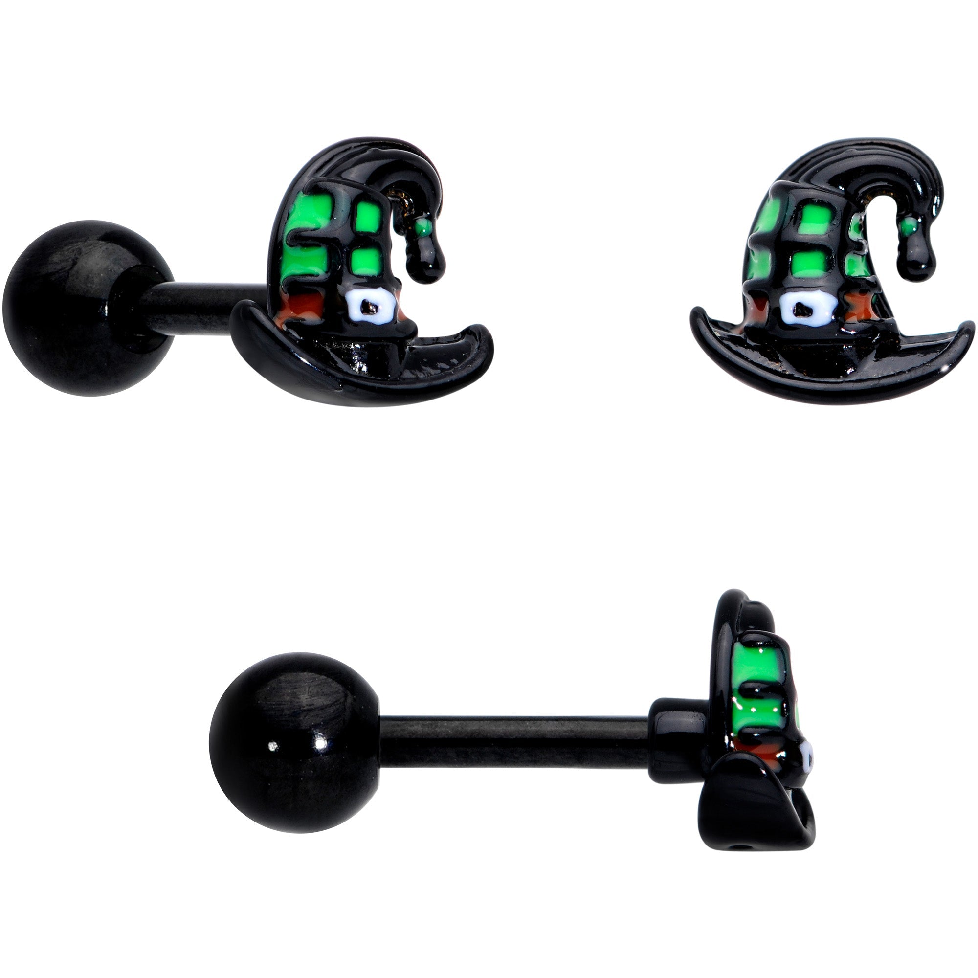 16G 1/4 Black Hat Sad Ghost Halloween Cartilage Tragus Set of 3