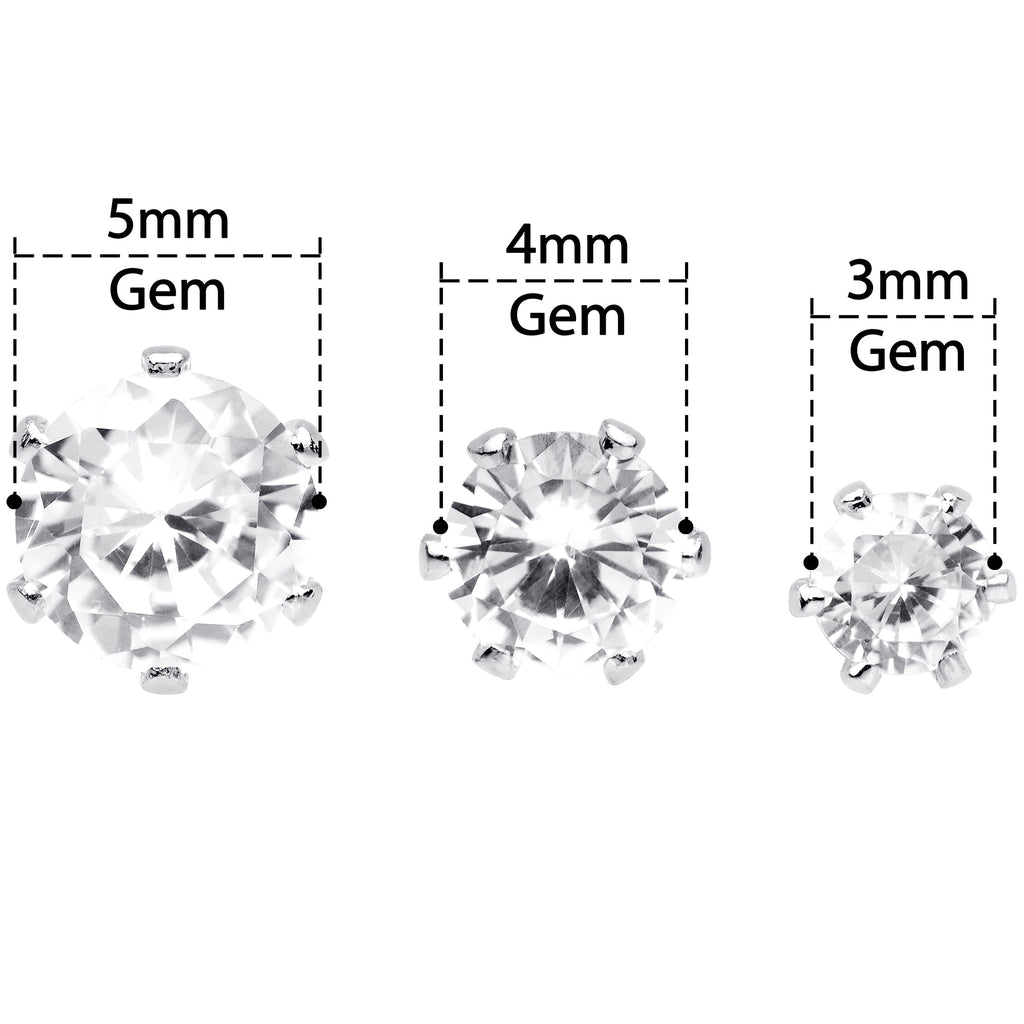 20G Clear CZ Gem 3mm to 5mm Post Stud Earring Set of 3