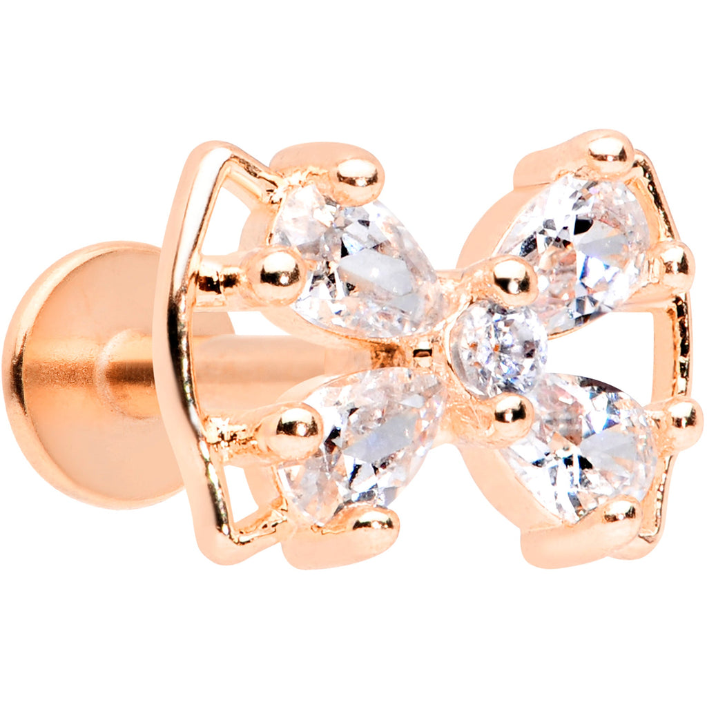16G 5/16 Clear CZ Gem Rose Gold Tone Beauty Bow Labret Tragus