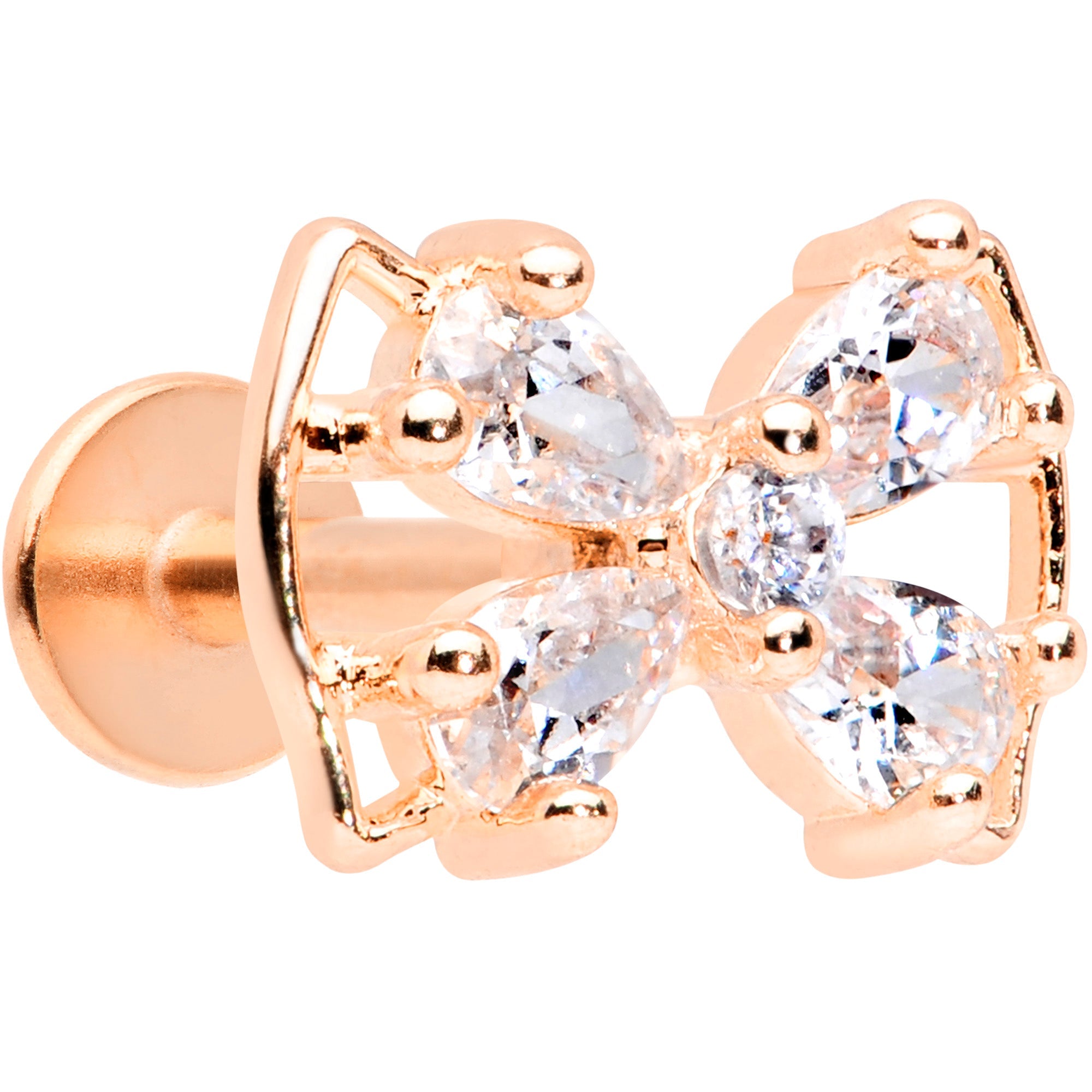 16G 5/16 Clear CZ Gem Rose Gold Tone Beauty Bow Labret Tragus
